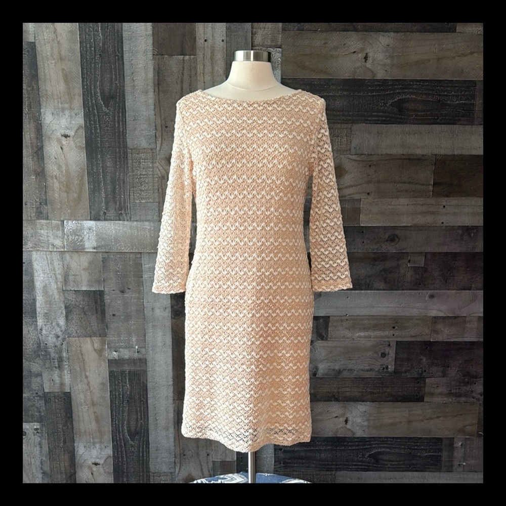 Sharagano midi dress size 14 neutral lace angelic sophisticated cocktail party